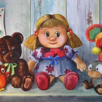 Schilderij getiteld "Stuffed toy friends…" door Valentina Valevskaya, Origineel Kunstwerk, Olie