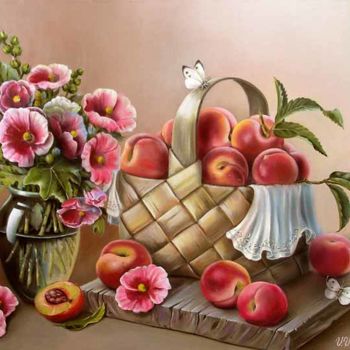 Painting titled "A bast basket of pe…" by Valentina Valevskaya, Original Artwork, Oil