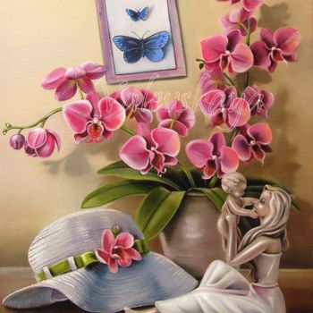 Painting titled "Orchid and hat.  Ор…" by Valentina Valevskaya, Original Artwork, Oil