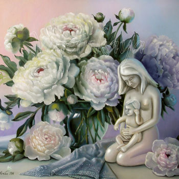 Peinture intitulée "В белых пионах.   I…" par Valentina Valevskaya, Œuvre d'art originale, Huile