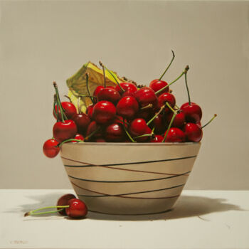 Картина под названием "A bowl with cherries" - Valeri Tsvetkov, Подлинное произведение искусства, Масло Установлен на Деревя…