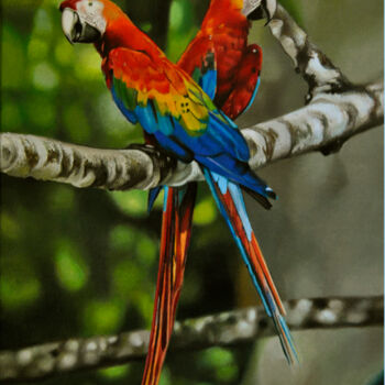 Painting titled "Parrots" by Valeri Tsvetkov, Original Artwork, Oil Mounted on Wood Stretcher frame