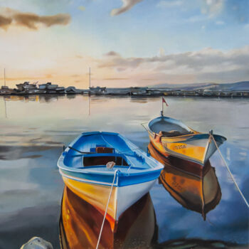 Painting titled "Landscape, Boats Pa…" by Valeri Tsvetkov, Original Artwork, Oil Mounted on Wood Stretcher frame