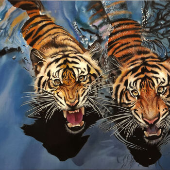 Painting titled "Swimming Tigers Ori…" by Valeri Tsvetkov, Original Artwork, Oil