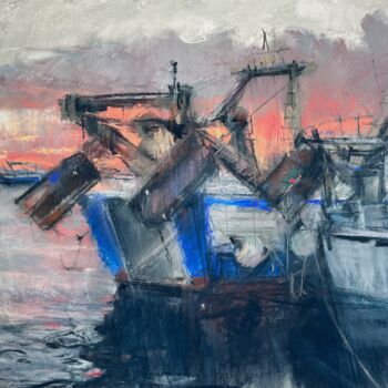 Dessin intitulée "Рыбацкие судна" par Valeriia Gorbunova, Œuvre d'art originale, Pastel