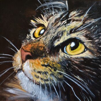 Painting titled "The Cat King" by Valeriia Radziievska, Original Artwork, Oil Mounted on Wood Stretcher frame