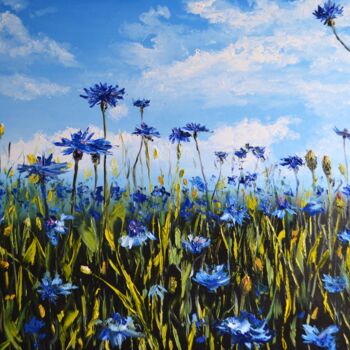 Painting titled "Cornflower Field" by Valeriia Radziievska, Original Artwork, Oil Mounted on Wood Stretcher frame