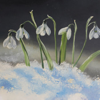 Painting titled "Snowdrops.jpg" by Valeriia Radziievska, Original Artwork, Oil Mounted on Wood Stretcher frame