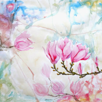 Painting titled "Magnolia, pink flow…" by Valeria Belogurova, Original Artwork, Watercolor