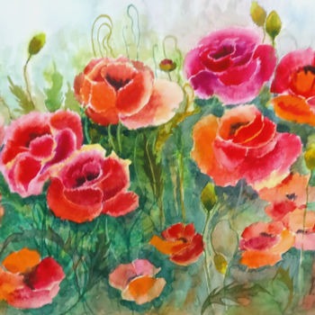 Painting titled "Flaming Poppies, po…" by Valeria Belogurova, Original Artwork, Watercolor