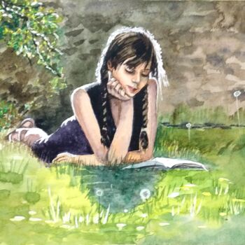 Painting titled "Girl reading in the…" by Valeria Belogurova, Original Artwork, Watercolor