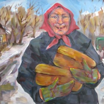 Malerei mit dem Titel "Greisin mit Brot" von Valeri Lanski-Waldt, Original-Kunstwerk