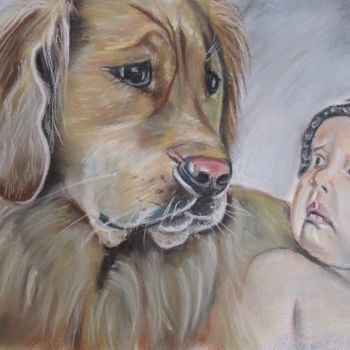 Dessin intitulée "tendresse animale" par Valérie Barrett, Œuvre d'art originale, Pastel