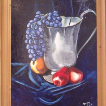Schilderij getiteld "Silver Jug and frui…" door Valérie Barrett, Origineel Kunstwerk, Acryl Gemonteerd op Houten paneel