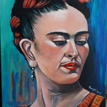 Painting titled "Frida Khalo" by Valérie Barrett, Original Artwork, Acrylic Mounted on Wood Stretcher frame