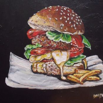 Painting titled "cheeseburger" by Valérie Barrett, Original Artwork, Acrylic Mounted on Wood Stretcher frame