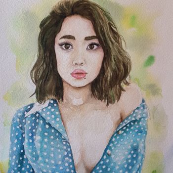 Painting titled "Blue shirt girl" by Valérie Catanzaro, Original Artwork, Watercolor