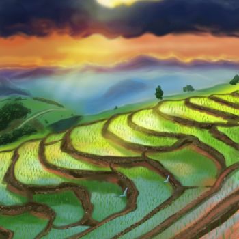 Digitale Kunst mit dem Titel "Rice fields" von Valérie Catanzaro, Original-Kunstwerk, Digitale Malerei