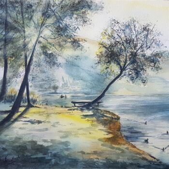 Painting titled "Le lac" by Valérie Crochard, Original Artwork, Watercolor