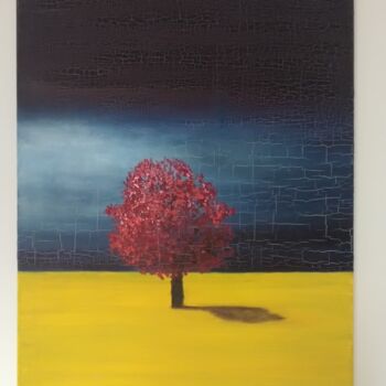 Painting titled "L'arbre rouge" by Valerie De Iseppi, Original Artwork, Oil Mounted on Wood Stretcher frame