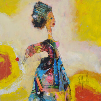 Schilderij getiteld "Femme sur fond jaune" door Valérie Depadova, Origineel Kunstwerk, Acryl