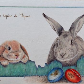 Dessin intitulée "Les lapins de Pâque…" par Valérie Jouffroy Ricotta, Œuvre d'art originale, Stylo à bille