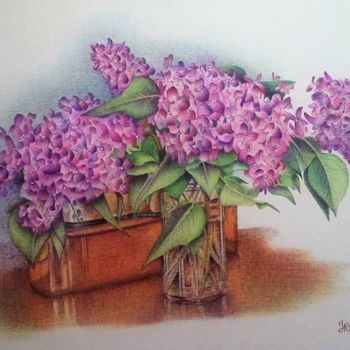 Drawing titled "Le bouquet de lilas" by Valérie Jouffroy Ricotta, Original Artwork, Ballpoint pen