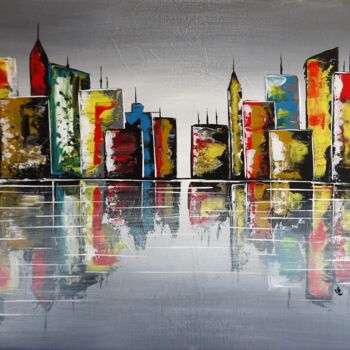 Painting titled "City B" by Valérie Lamarre, Original Artwork, Acrylic Mounted on Wood Stretcher frame
