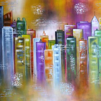 Painting titled "City C" by Valérie Lamarre, Original Artwork, Acrylic Mounted on Wood Stretcher frame