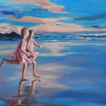 Painting titled "Sunset girls-sun-En…" by Valérie Le Meur, Original Artwork, Acrylic Mounted on Wood Stretcher frame