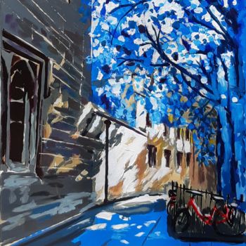 Schilderij getiteld "Blue Cambridge" door Valérie Le Meur, Origineel Kunstwerk, Acryl Gemonteerd op Frame voor houten branca…