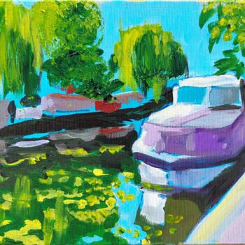 Painting titled "Boats on the Thames…" by Valérie Le Meur, Original Artwork, Acrylic Mounted on Wood Stretcher frame