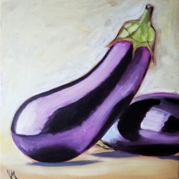 Painting titled "Aubergines" by Valérie Maraux, Original Artwork, Oil Mounted on Wood Stretcher frame