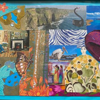 Collages intitulée "Turquoise" par Valerie Noble Val, Œuvre d'art originale, Collages Monté sur Panneau de bois