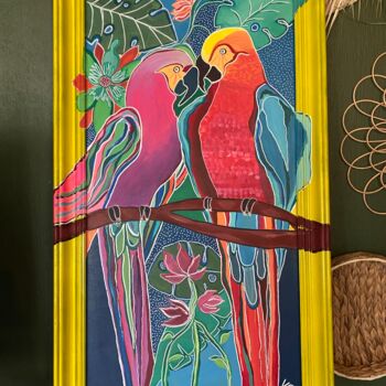 Peinture intitulée "Les perroquets" par Valérie Riou, Œuvre d'art originale, Acrylique Monté sur Panneau de bois
