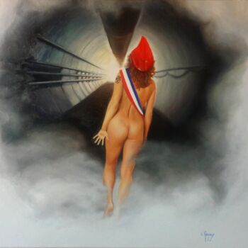 Painting titled "Marianne traversant…" by Valérie Renoux, Original Artwork, Oil Mounted on Wood Stretcher frame