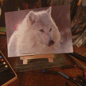 Drawing titled "Loup blanc" by Valerie Roure, Original Artwork, Watercolor