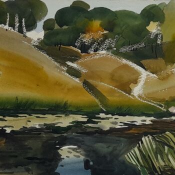 Painting titled "Above a river" by Valerii Oliinyk, Original Artwork, Watercolor