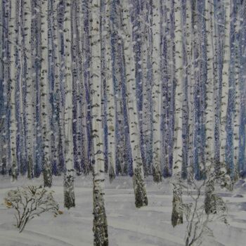 Schilderij getiteld "Winter birches" door Valerii Oliinyk, Origineel Kunstwerk, Monotype