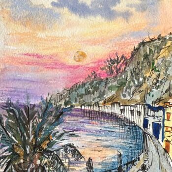 Malarstwo zatytułowany „Sunset in Greece” autorstwa Valeriia Prasol, Oryginalna praca, Akwarela