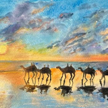 Pittura intitolato "Camels in the deser…" da Valeriia Prasol, Opera d'arte originale, Acquarello