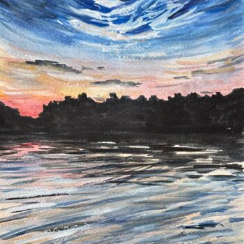 Картина под названием "Sunset on the river" - Valeriia Prasol, Подлинное произведение искусства, Акварель
