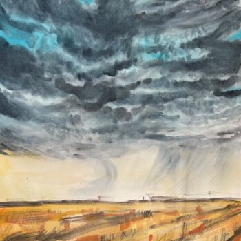 Pintura titulada "Clouds over the fie…" por Valeriia Prasol, Obra de arte original, Acuarela