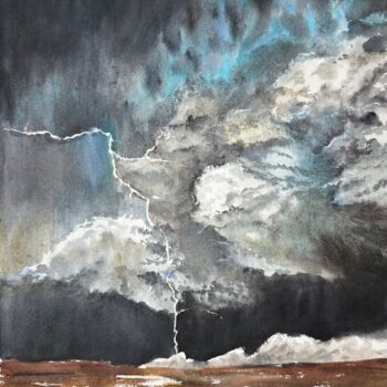 Malerei mit dem Titel "Lightning over gold…" von Valeriia Prasol, Original-Kunstwerk, Aquarell