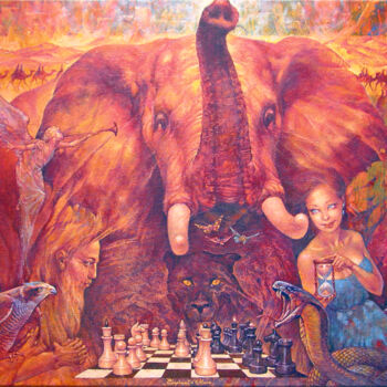 Schilderij getiteld "Elephant's Move" door Valeriy Kot, Origineel Kunstwerk, Olie Gemonteerd op Frame voor houten brancard