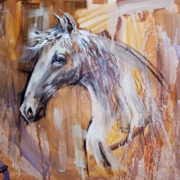 Painting titled "Белый конь" by Valeria Levencova, Original Artwork, Oil Mounted on Wood Stretcher frame