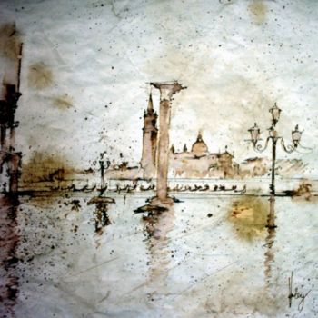 「piazzetta con piogg…」というタイトルの絵画 Valéry Codognoによって, オリジナルのアートワーク, 水彩画