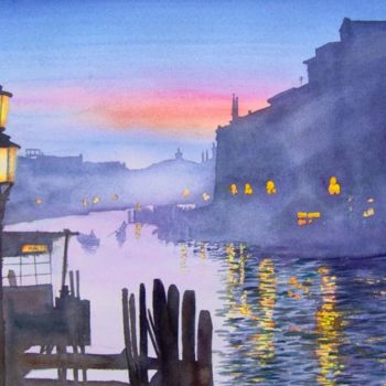 Painting titled "tramonto da Rialto" by Valéry Codogno, Original Artwork, Watercolor