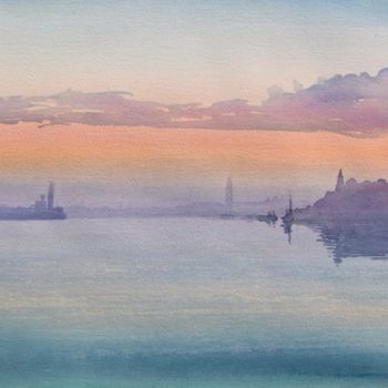 Painting titled "tramonto sul bacino…" by Valéry Codogno, Original Artwork, Watercolor