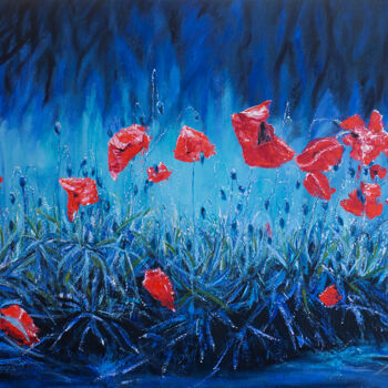 Картина под названием "Red poppies on blue…" - Valeryia Plociennik, Подлинное произведение искусства, Масло